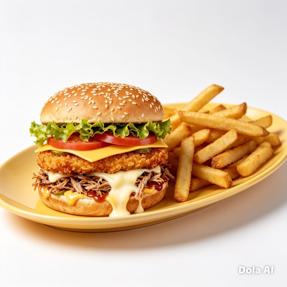 Hamburguesa de Pollo con Carne Mechada y Papas.