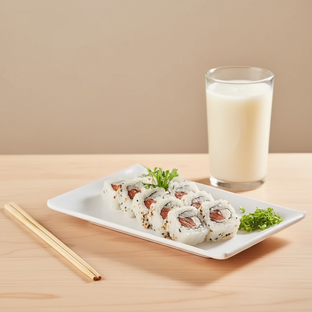 Roll de Salmão, cream cheese e arroz por fora.