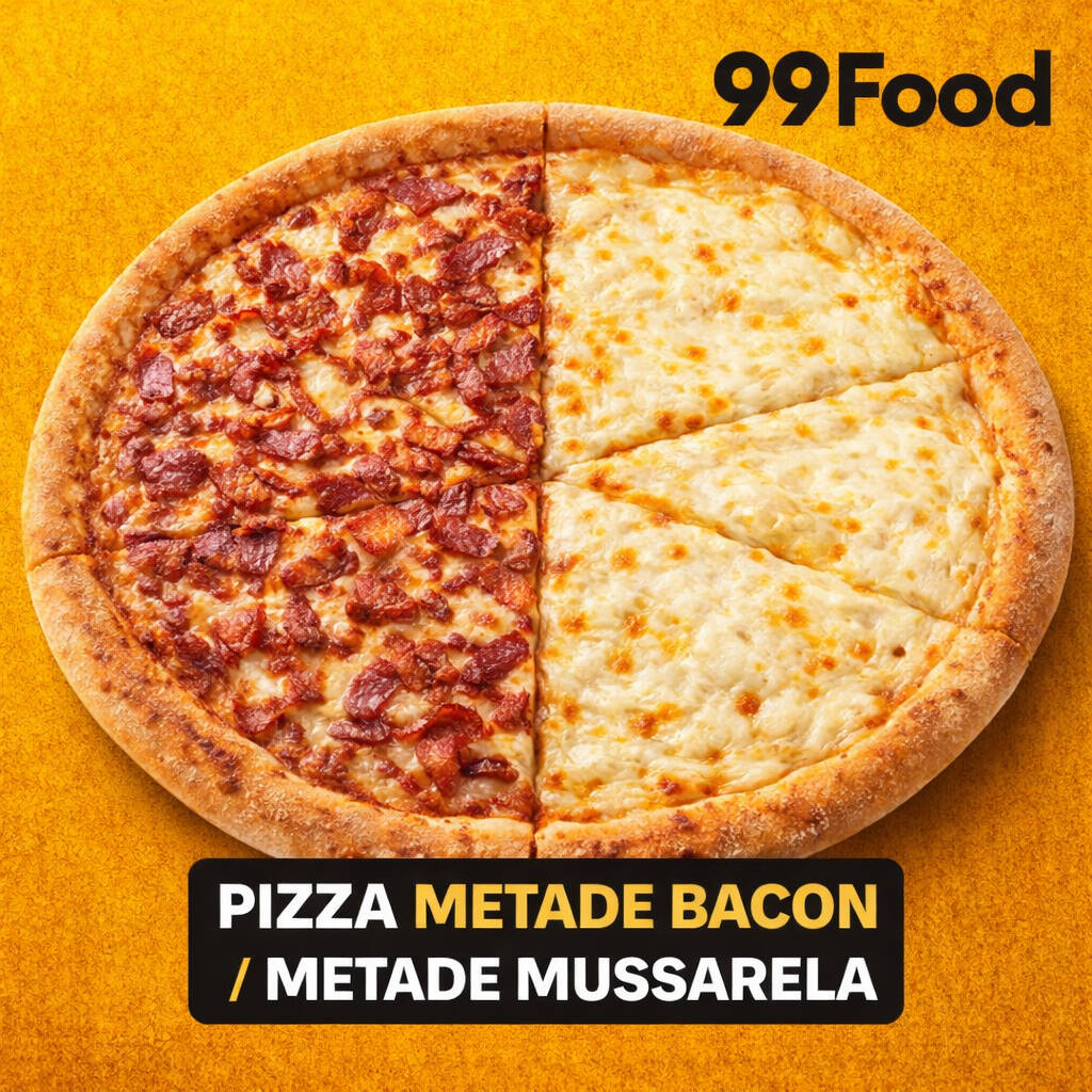 IZZA – MEIA BACON & MEIA MUSSARELA – PROMOÇÃO Pizza preparada com massa artesanal, molho de tomate especial e muita mussarela, finalizada com orégano. Lado Bacon: bacon crocante e suculento, trazendo um sabor intenso e irresistível. Lado Mussarela: queijo derretido na medida certa, leve, cremosa e super saborosa. A combinação perfeita entre o forte do bacon e a suavidade da mussarela — simples, clássica e deliciosa!