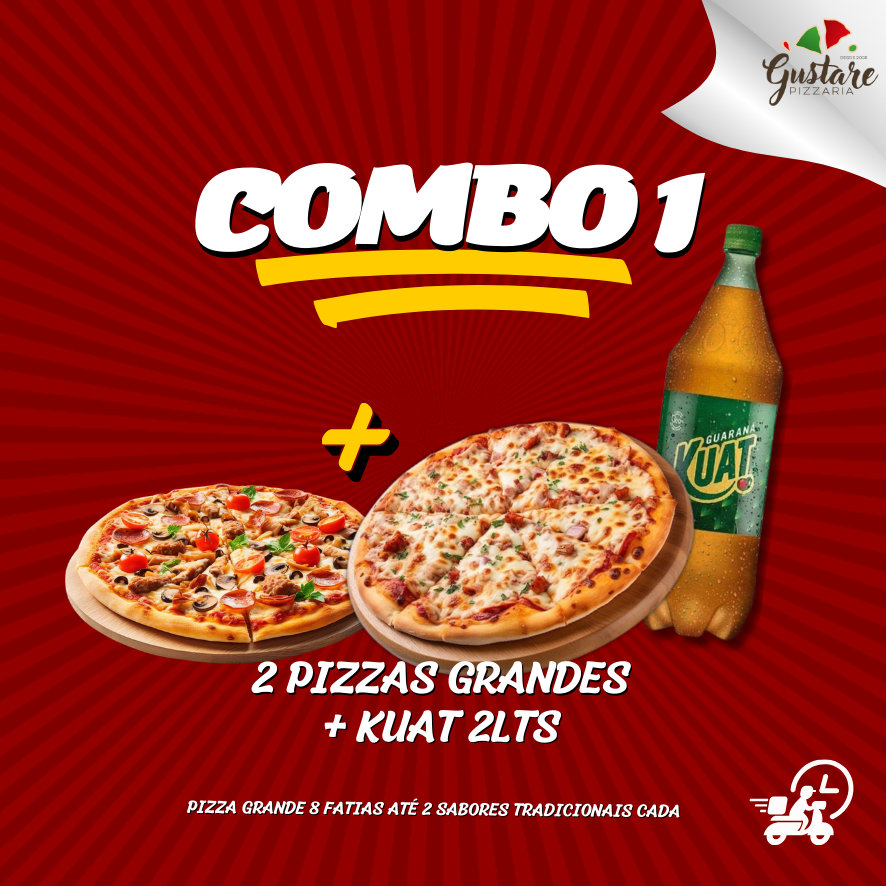 2 PIZZAS GRANDES + 1 KUAT 2LTS (nas pizzas grandes pode escolher até 2 sabores tradicionais em cada)