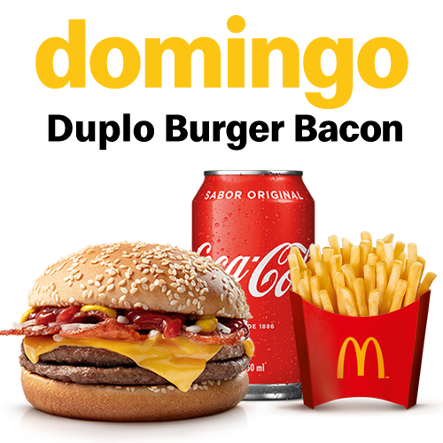 Dois hambúrgueres (100% carne bovina), queijo cheddar, cebola, fatias de bacon, ketchup, mostarda e pão com gergelim, com acompanhamento e bebida.