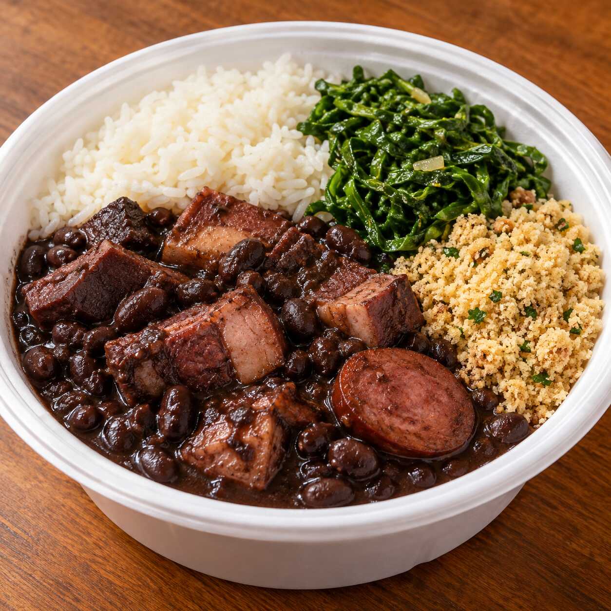 Feijoada bem temperada e preparada com carinho, com feijão preto encorpado e carnes selecionadas, trazendo aquele sabor caseiro irresistível. Acompanha arroz branco soltinho, couve refogada, farofa e laranja. Uma refeição completa, generosa e cheia de sabor!