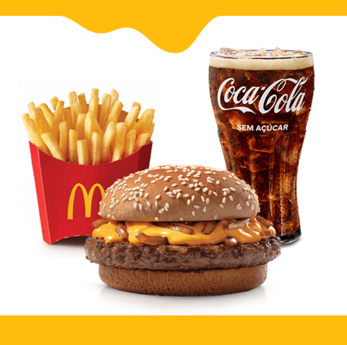 Delicioso hambúrguer de carne bovina, molho cremoso tipo cheddar derretido, cebola ao molho shoyu no pão escuro com gergelim, McFritas média e bebida.