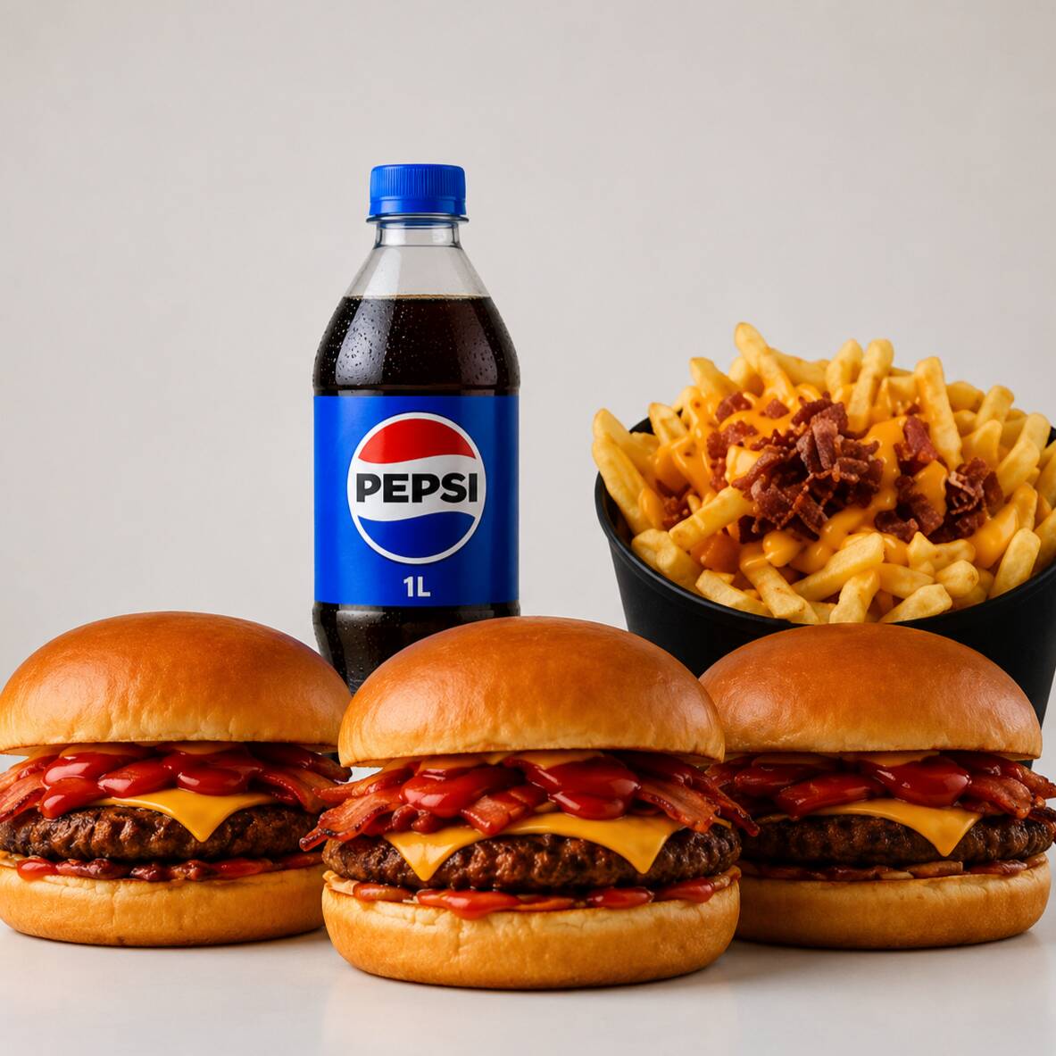 3 Lanches - Pão Gergelim, carne, bacon e maionese da casa + 1 batata cheddar e bacon + 1 Pepsi 600ml