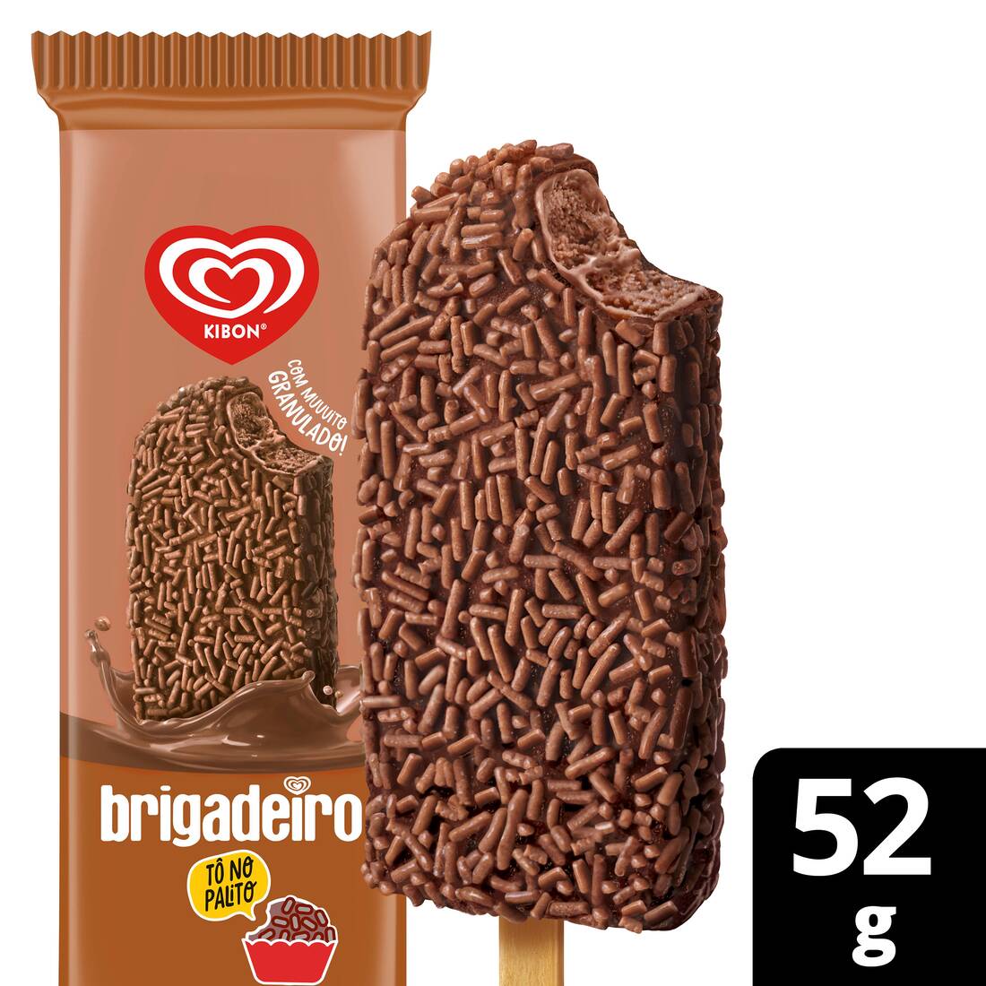 O doce preferido dos brasileiros, brigadeiro no palito! Traz um delicioso sorvete cremoso de chocolate ao leite mergulhado em uma casquinha de chocolate com granulado de chocolate. Irresistível!
