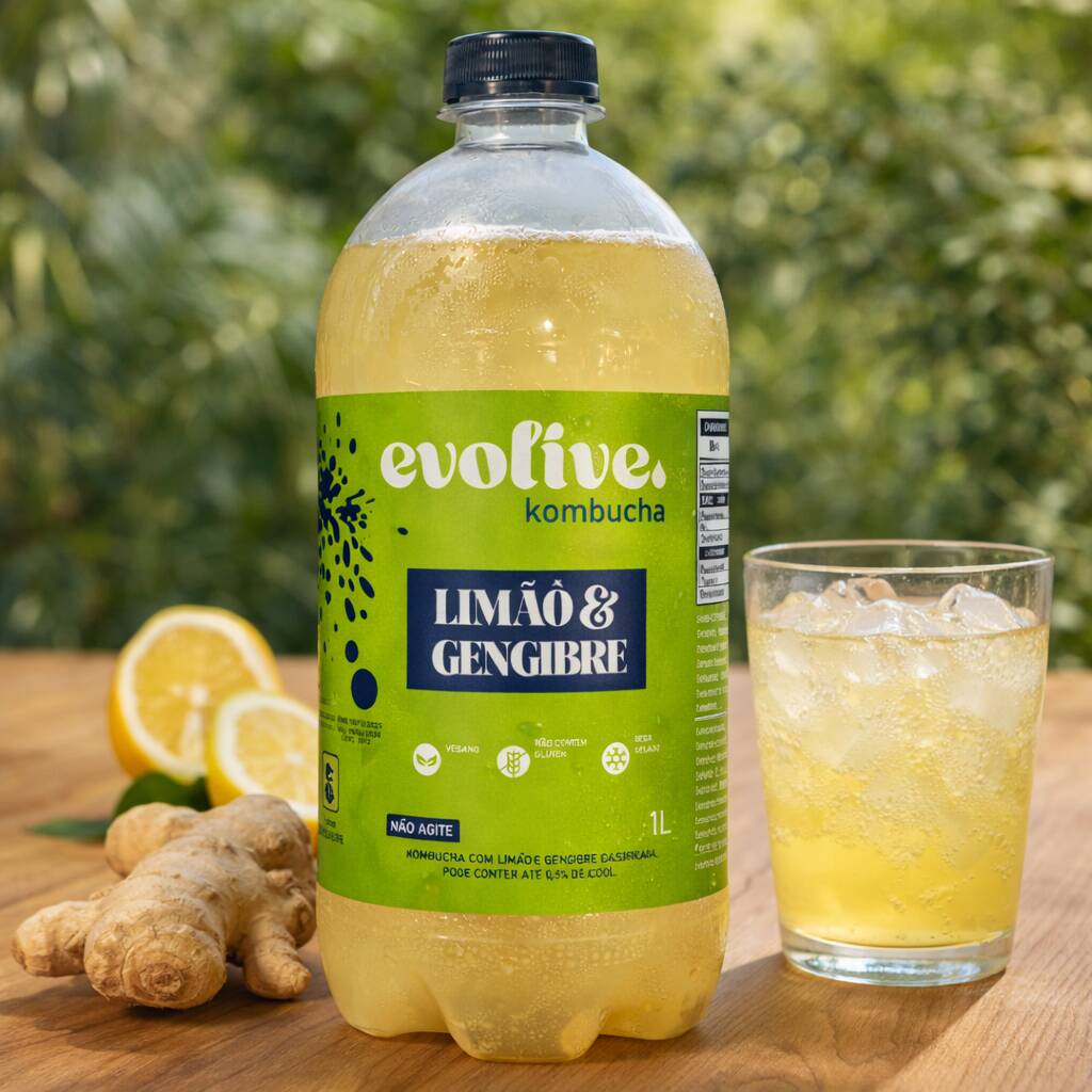 Kombucha Artesanal 1L – Limão & Gengibre. Bebida funcional naturalmente fermentada, rica em probióticos e com gaseificação natural. Refrescante, levemente cítrica e com o toque funcional do gengibre. Alternativa saudável ao refrigerante, sem conservantes artificiais. Ideal para compartilhar ou incluir na sua rotina saudável. Experimente também outros sabores