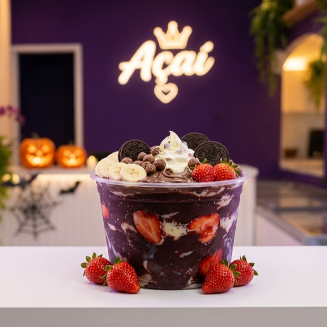 É açaí que não acaba mais! Monte seu POTÃO de 1 litro com 5 adicionais inclusos e escolha seus favoritos para deixar do seu jeito. Açaí Amazônico produzido artesanalmente e com redução de açúcar.