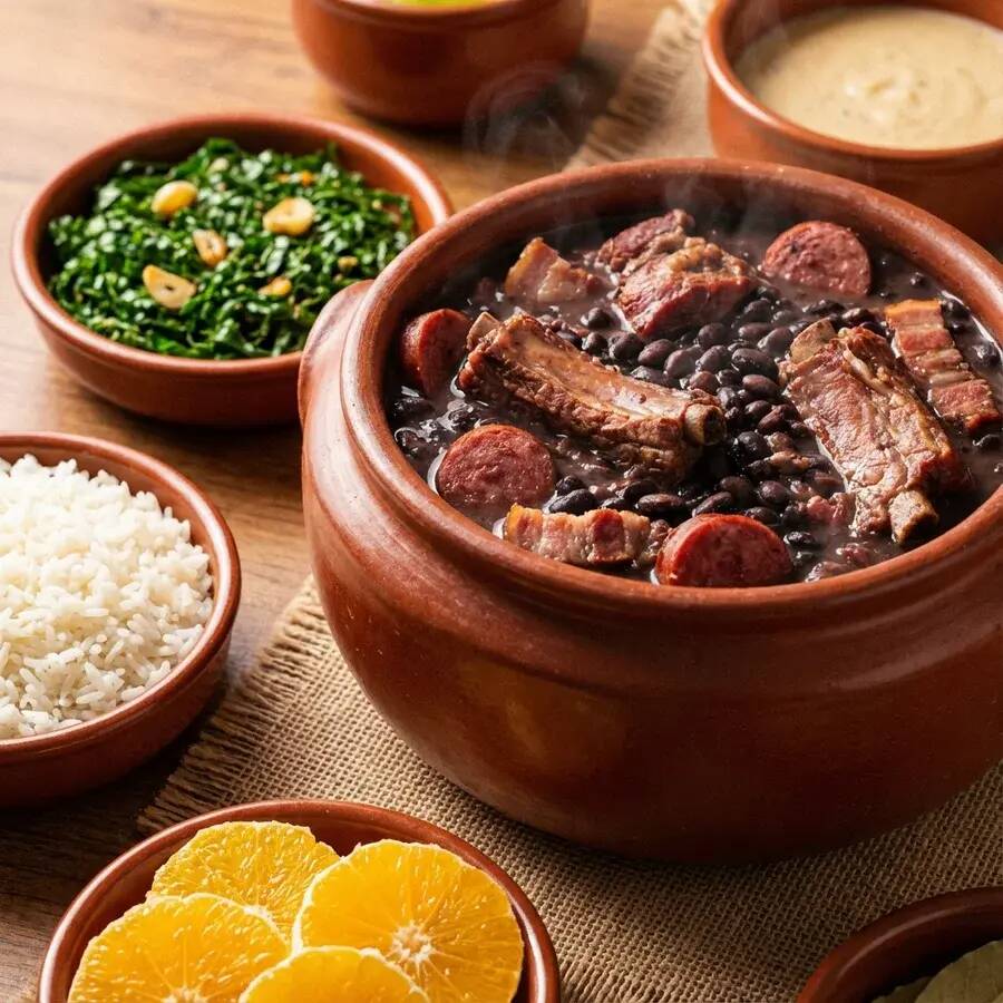 (Embalagem única - tamanho PADRÃO médio - tudo juntinho) Feijoada tradicional com carnes variadas, acompanhada de arroz branco, couve refogada.