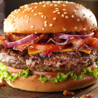 Hambúrguer, Carne, Queijo, Salame, Bacon e Salada.