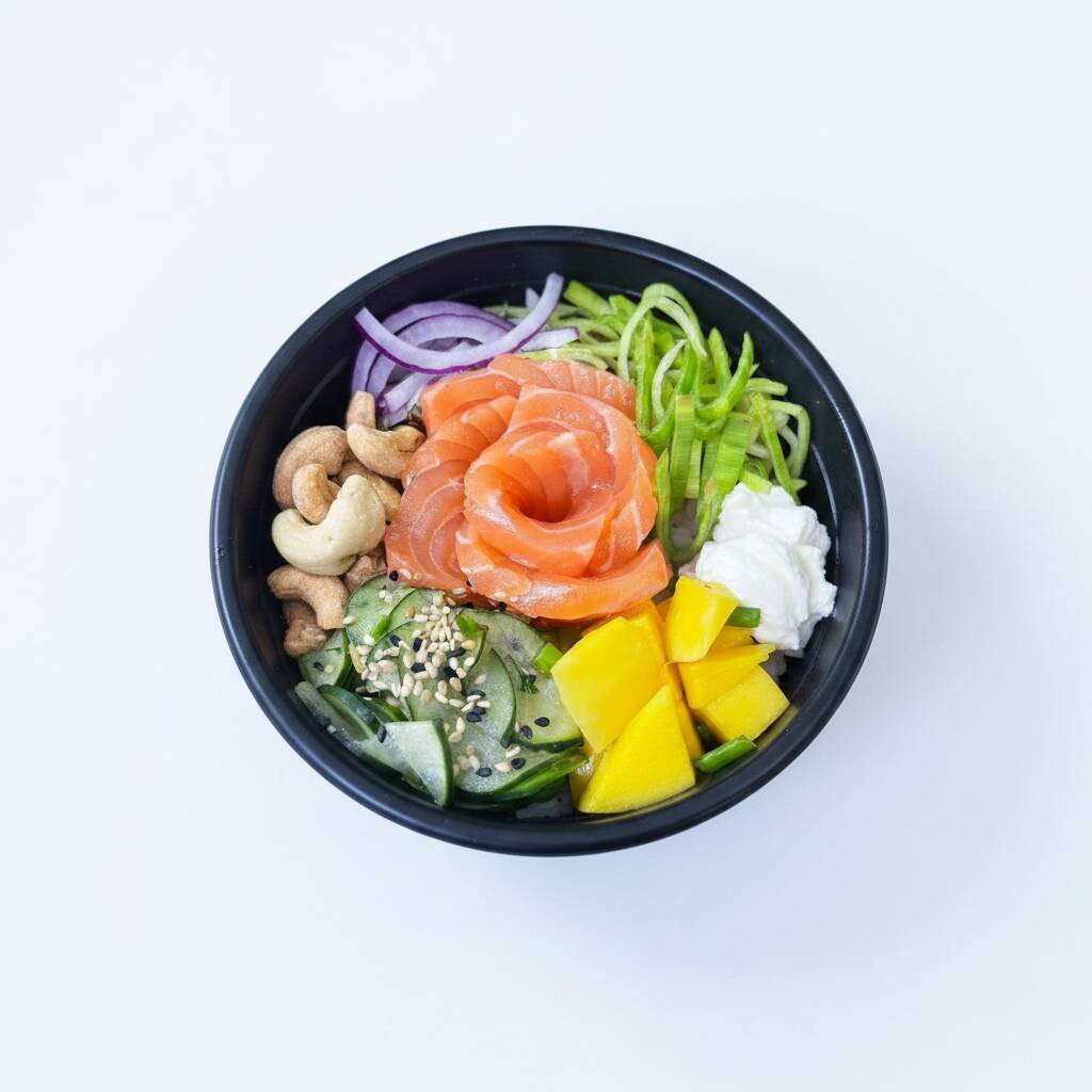 Arroz japones, salmão fresco, manga, repolho, castanha de caju, cebola roxa, sunomono, crean chesse, gergelin, molho do chef.