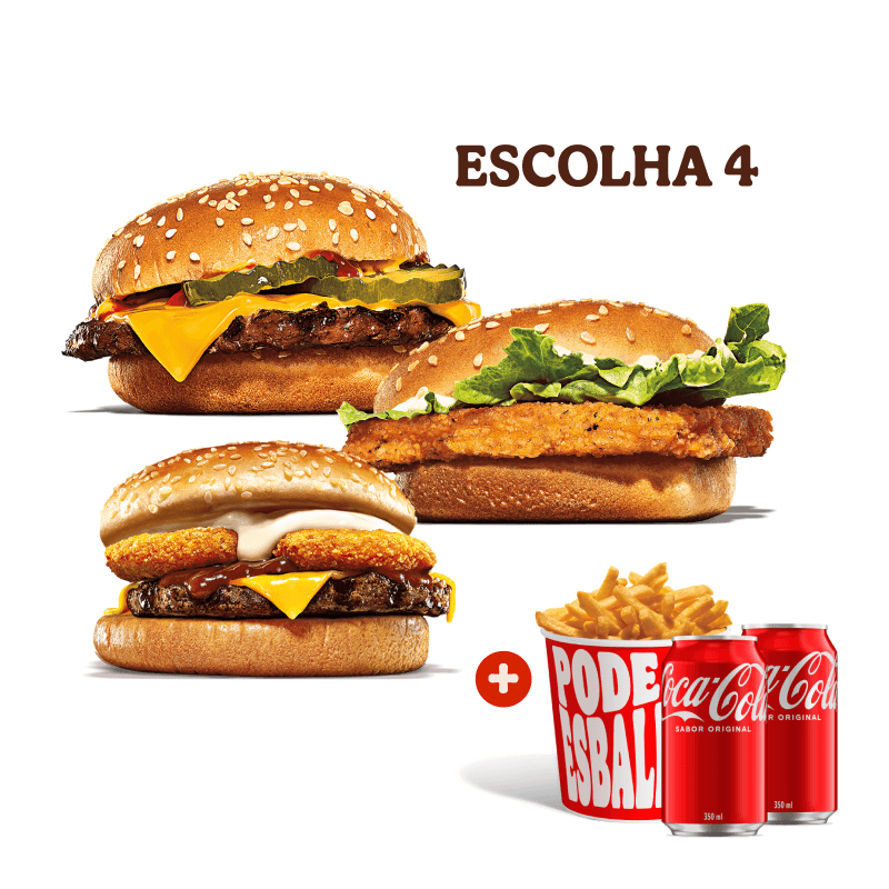 Escolha entre: Cheeseburger, Chicken Jr e Rodeio + Balde de batata + 2 Bebidas.
