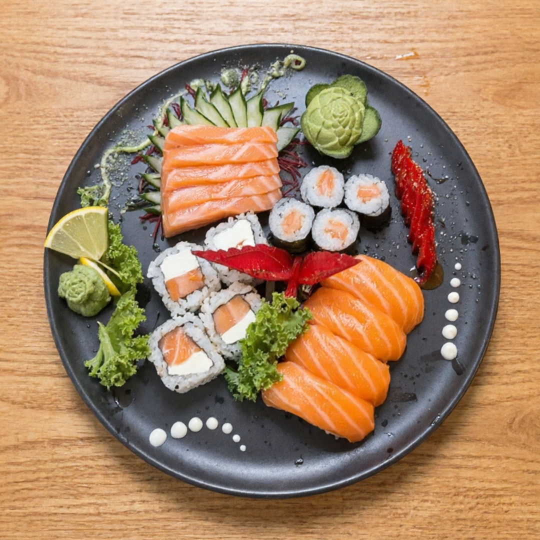 4 fatias de salmão 4 uramaki fildélfia 4 hossomaki salmão 4 niguiri salmão