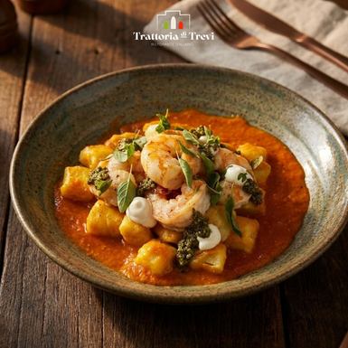 Nhoque de batata artesanal with camarões grelhados e molho romesco, finalizado with aioli e o frescor do pesto genovês.