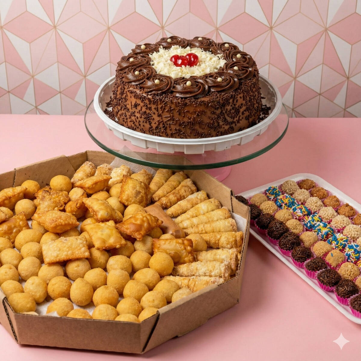 Muita comida boa para sua comemoração! Levamos a festa até você com nosso Bolo de 22cm (Tamanho Família) super recheado, acompanhado de um cento (100 un) de salgadinhos crocantes e 50 docinhos artesanais deliciosos. Qualidade e sabor garantidos pela Guria Doceira.