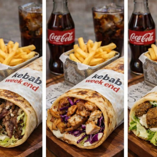 1kebab de misto 1kebab de frango 1sanduiche falafel Pão árabe,carne e salada (tomate,alface,cebola,salsa,repolho)acompanhamento molho de alho Árabe