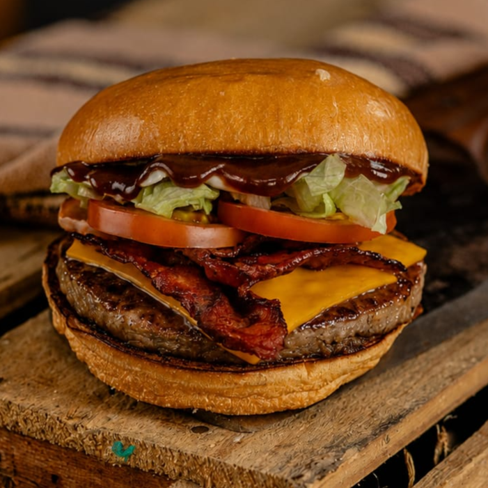 Pão de Brioche macio, Hambúrguer Sabor Picanha 90g, Queijo Cheddar, Bacon Crocante, Alface, Tomate e Molho BBQ