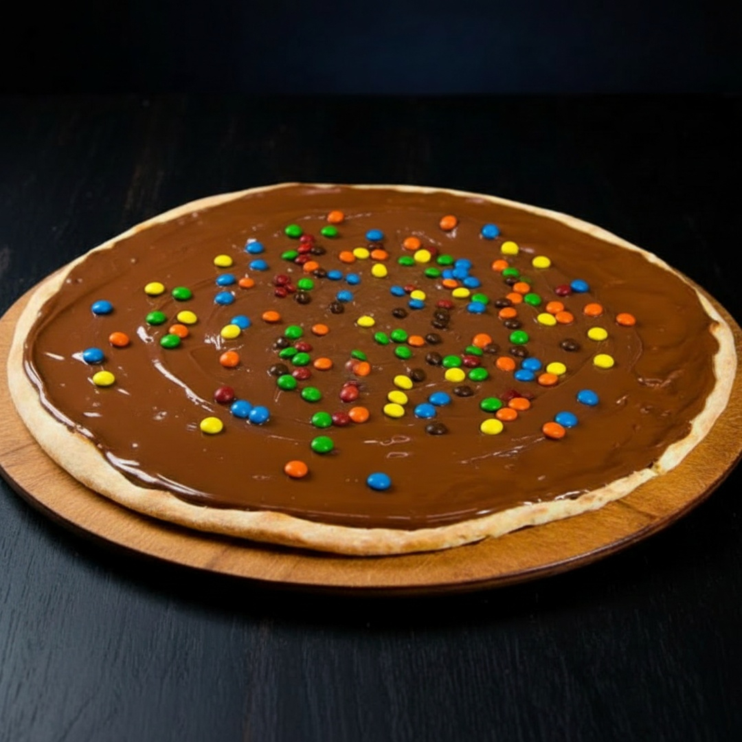 Pizza feita com massa artesanal, coberta com bastante chocolate de excelente qualidade, finalizada com mm's (originais) Tradicional e favorita de muitos.