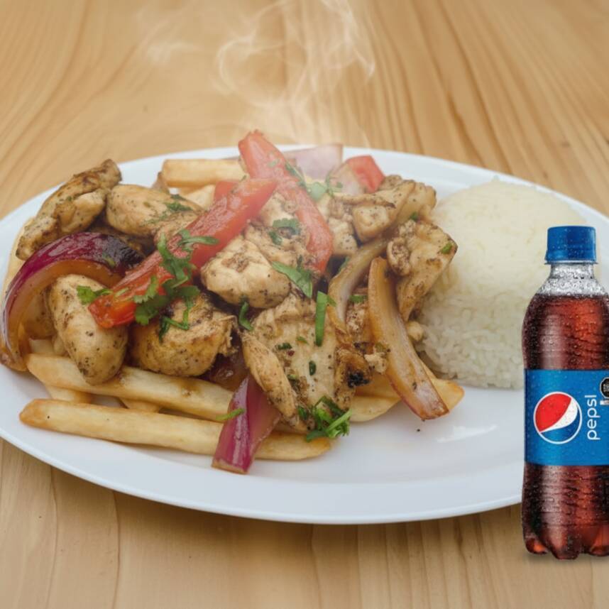 Pollo Saltado con Papas Fritas, Arroz + PEPSI