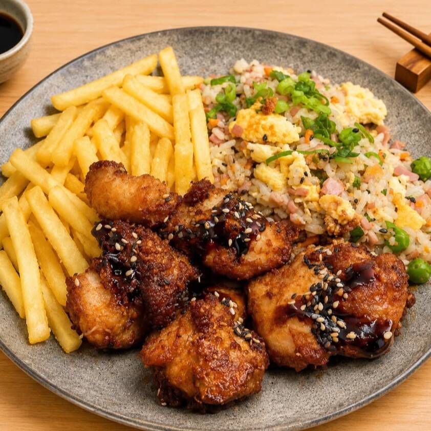 Delicioso Bentô com Karaague (Frango Frito Japonês). Escolha 01 carboidrato e 01 acompanhamento grátis.
Serve Bem 01 Pessoa.
