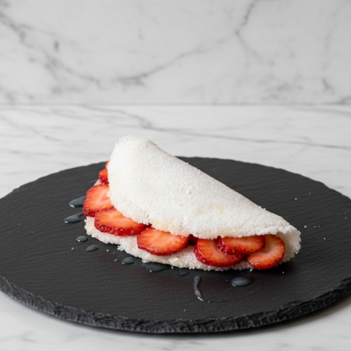 Deliciosa tapioca preparada na hora, recheada com morangos frescos e leite condensado, proporcionando uma combinação perfeita de leveza, cremosidade e muito sabor. Uma opção irresistível para adoçar o seu dia!
