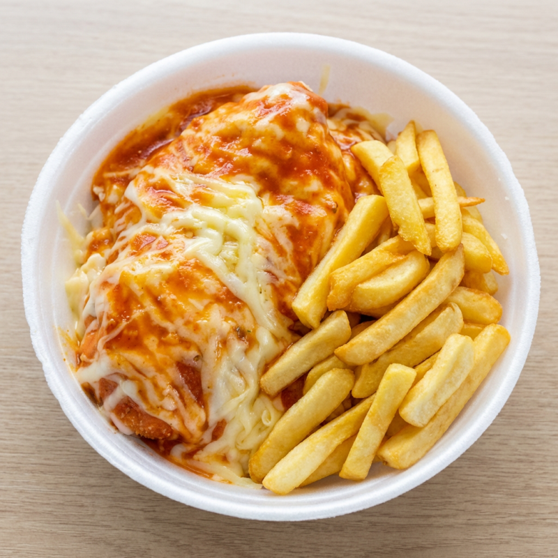 O filé de frango à parmegiana é servido suculento, com uma cobertura crocante, envolto em um rico molho de tomate e coberto por uma camada de queijo derretido. Acompanhado de arroz soltinho , o prato oferece uma combinação clássica de texturas e sabores.