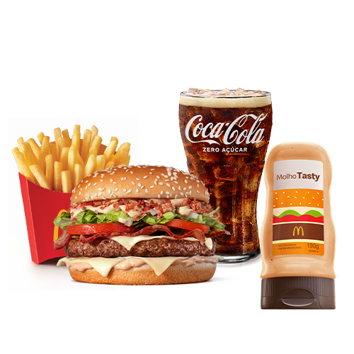 Experimente essa combinação que está irresistível. McOferta Média do novo Tasty Turbo Bacon com 1, 2 ou 3 Carnes a sua escolha + Frasco de Molho Tasty 190g com aquele sabor inconfundível do nosso clássico