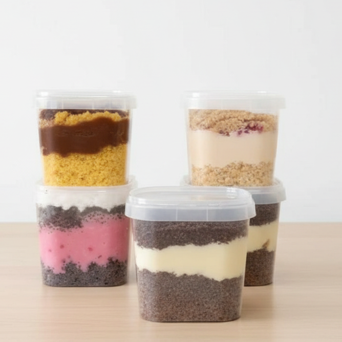 4 bolos de pote super caprichados, com massa fofinha e recheios cremosos em diversos sabores à sua escolha. Ideal para compartilhar, experimentar mais de um sabor e adoçar o Dia — serve até 4 pessoas!