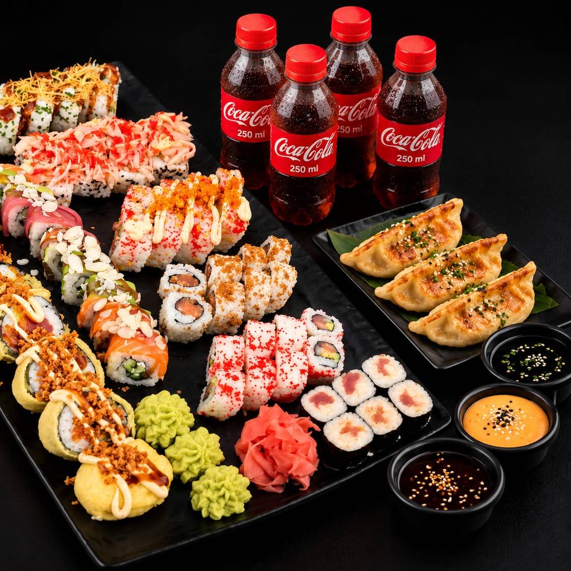 50 Piezas Sushi + 4 Té Fríos + 4 Gyozas + 2 Salsas