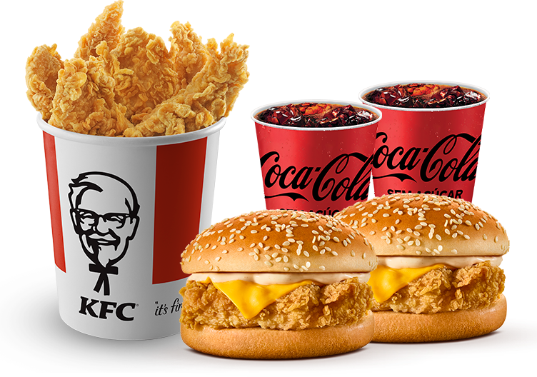 2 Sanduíches + 1 Balde Médio com 5 Tiras + 2 Bebidas