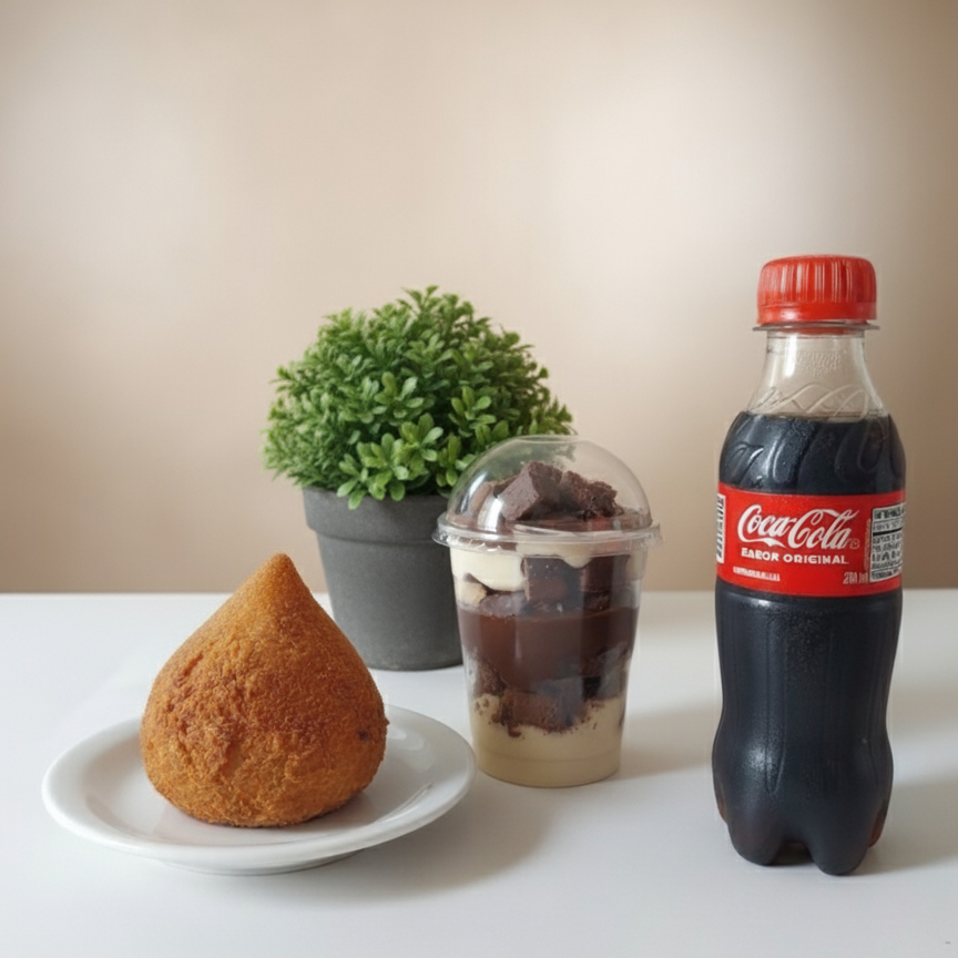 Nosso combo ideal para seu lanche , coxinha de costela crocante e bem temperada , nosso copo ouro branco com creme de ninho , creme de chocolate , brownie que desmancha na boca , bombom ouro branco e uma coca gelada.