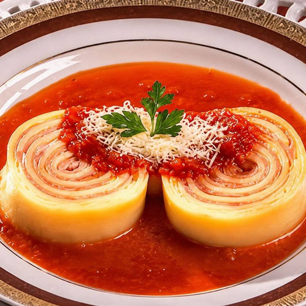Rolo de massa recheado com presunto e queijo, molho branco, e o nosso molho de tomate e queijo parmesão.