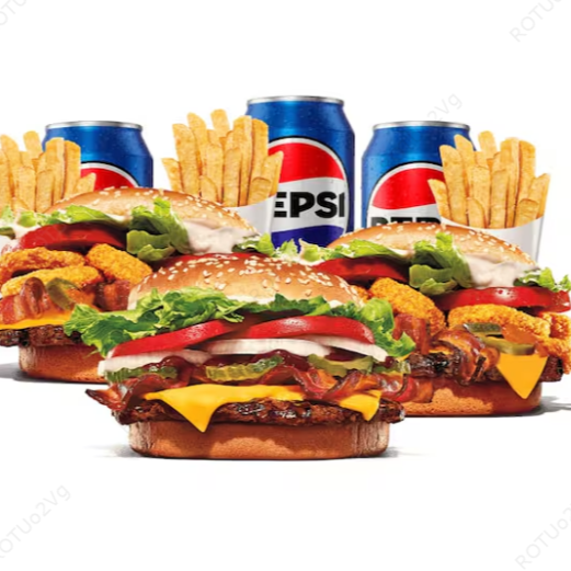 Escolha seu sanduíche para formar 3 combos: Whopper Furioso (Um hambúrguer de carne bovina grelhado de 113g, pão com gergelim, queijo derretido, onion rings, fatias de bacon crocante, pimenta-jalapeño, salada fresca (alface e tomate), o exclusivo molho furioso e maionese bk) ou Whopper Barbecue Bacon (Um hambúrguer com uma carne bovina grelhada de 113g, pão com gergelim, queijo derretido, molho barbecue, salada fresca (alface, cebola e tomate), bacon fatiado, picles e maionese Bk)
Acompanham 3 batatas fritas e 3 bebidas.