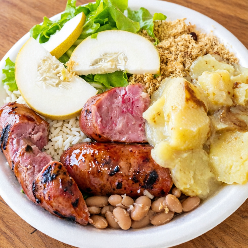 Arroz, feijão, Línguiça caseira grelhada na chapa, purê de batatas ou a batata rústica da casa, farofa e salada opcional
Caso desejar:
Descrever na obs:
" Com Salada"