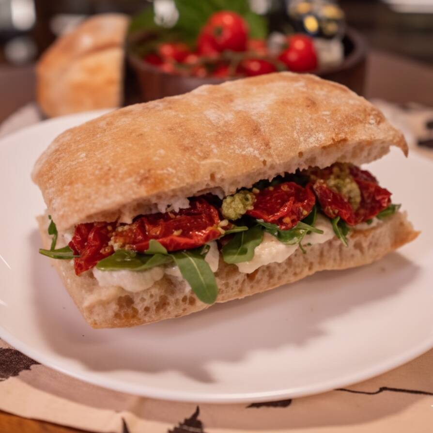 Pão ciabatta, queijo de castanha artesanal, fatias de tomate e patê de girassol
