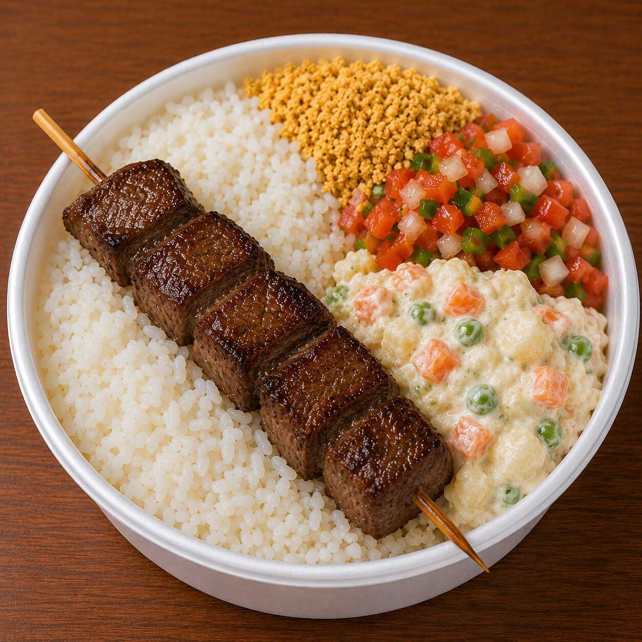 Essa promoção acompanha 1 espetinho de carne, arroz, farofa, molho à campanha e maionese.