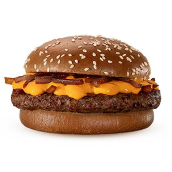 Um hambúrguer (100% carne bovina), molho lácteo com queijo tipo cheddar, cebola ao molho shoyu e pão escuro com gergelim