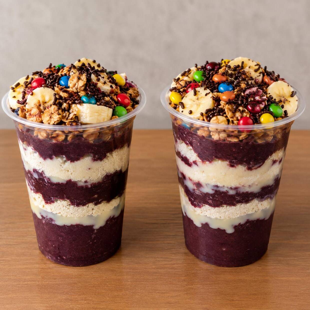 Dois deliciosos açaí 500ml + 5 complementos Grátis preparado com muito carinho com todos os ingredientes no copo a sua escolha.