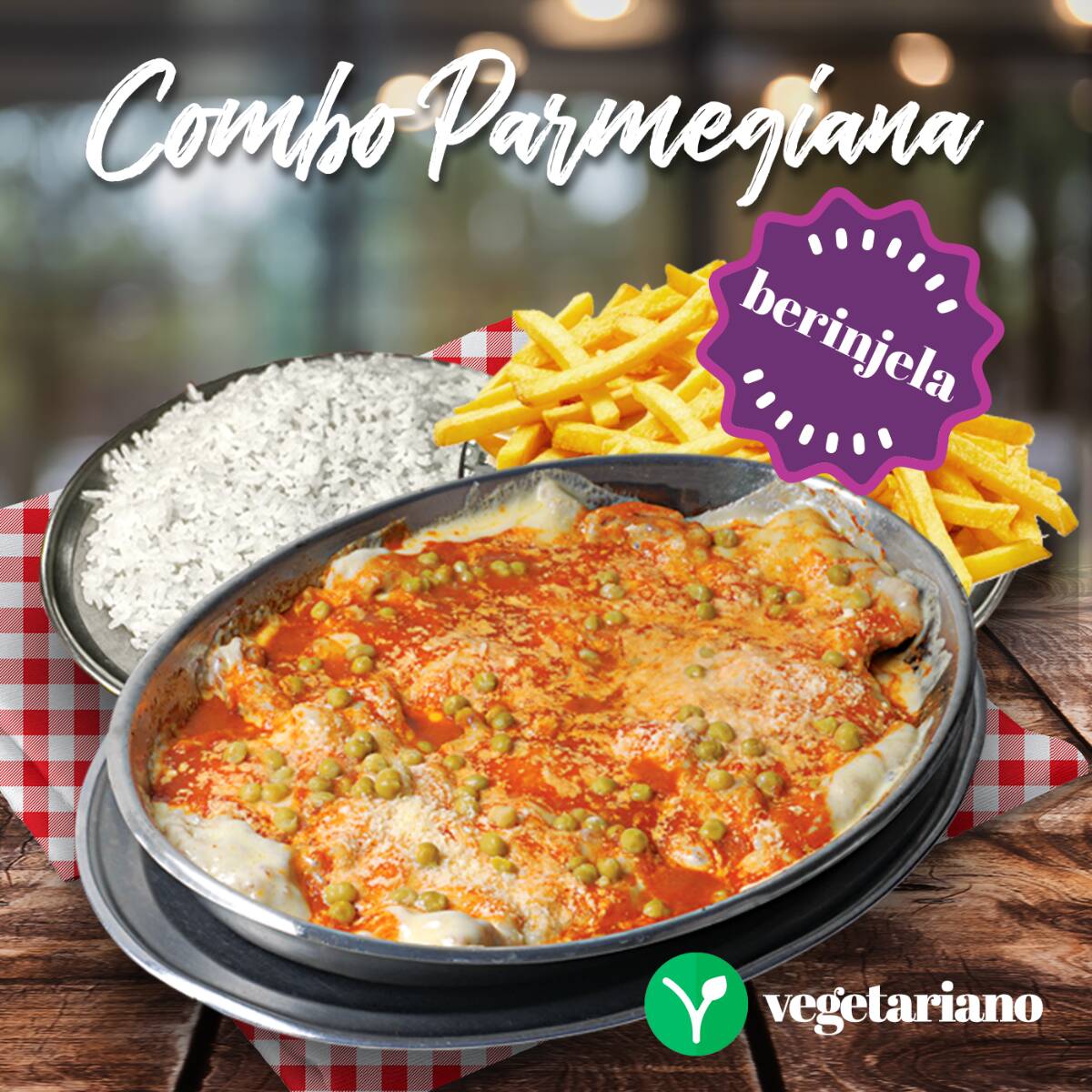 Berinjela à milanesa, coberto com molho ao sugo, queijo mozzarella, parmesão e ervilha. Acompanha polenta ou farofa.
