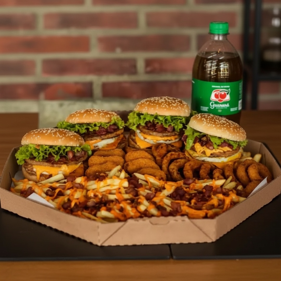 4 Lanches Com Carne Dupla, Batata Turbinada, 8 Unidades De Nuggets, 8 Aneis De Cebola E Um Refri De 1litro.