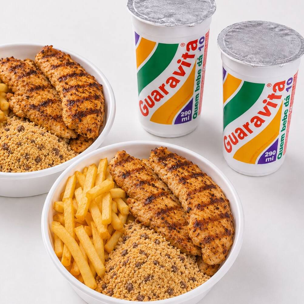 🍗 2 Frangos Grelhados com Fritas + 2 Guaravitas
✨ Acompanha arroz, feijão, fritas e farofa.
😋 Refeição completa, leve e saborosa para compartilhar!