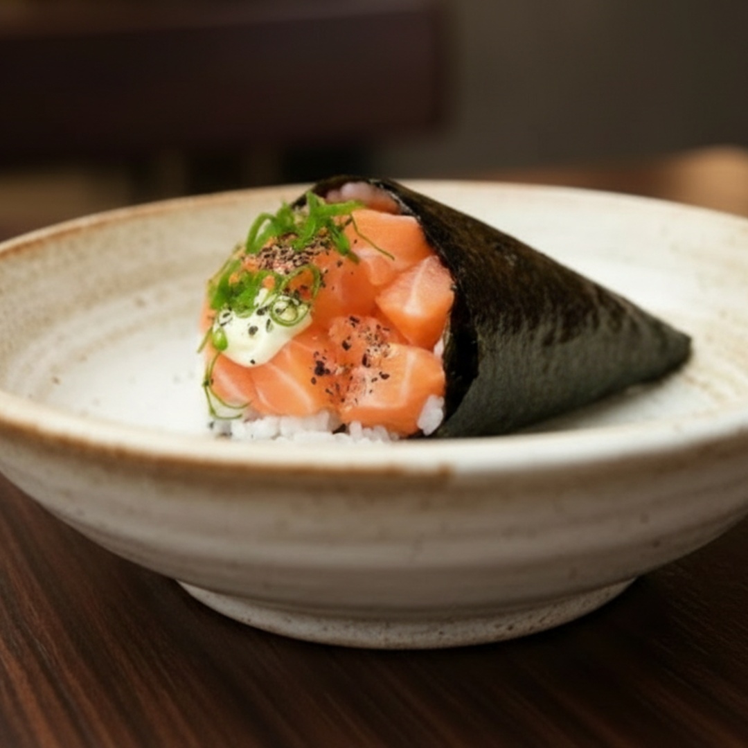 Sushi em Forma de Cone! Alga, Arroz Japonês, Tataki de Salmão, Cream Cheese, Cebolinha e Gergelim Branco e Preto.