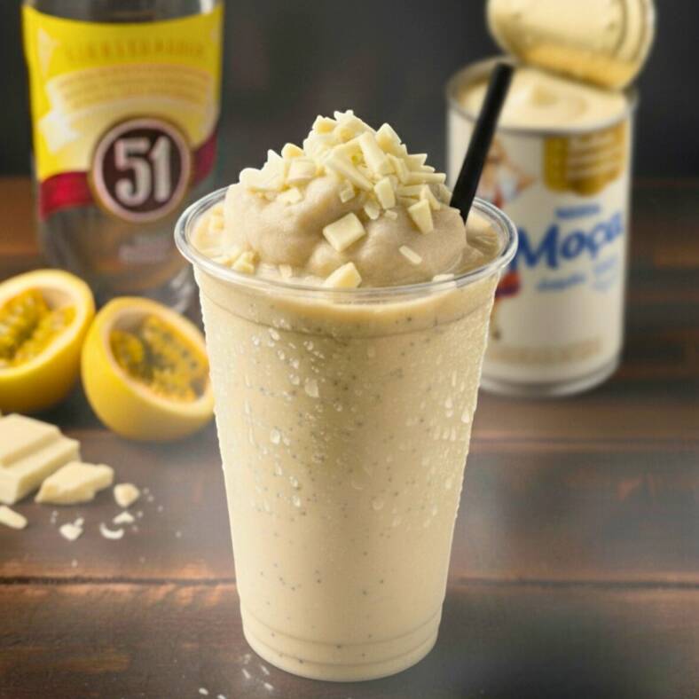 Drink alcoólico preparado na hora com maracujá selecionado de qualidade, concentrado de maracujá e chocolate branco Lacta, combinado com base alcoólica escolhida para garantir equilíbrio e intensidade. O resultado é um sabor marcante, levemente ácido e ao mesmo tempo cremoso, unindo frescor natural da fruta com a suavidade do chocolate branco. Servido inicialmente na garrafinha de 300ml lacrada, acompanhando canudo, com opção de escolha de tamanho para copo 400ml ou copão 770ml, todos vedados com selo de alumínio antivazamento e acomodados em suporte próprio para transporte seguro. Vai sempre bem gelado, pronto para consumo. Ideal para quem busca um drink diferenciado, com fruta de qualidade, cremosidade na medida certa e preparo artesanal com padrão superior.