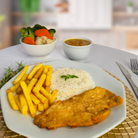 Frango empanado crocante, acompanha arroz, feijão e + 1 acompanhamento a sua escolha.