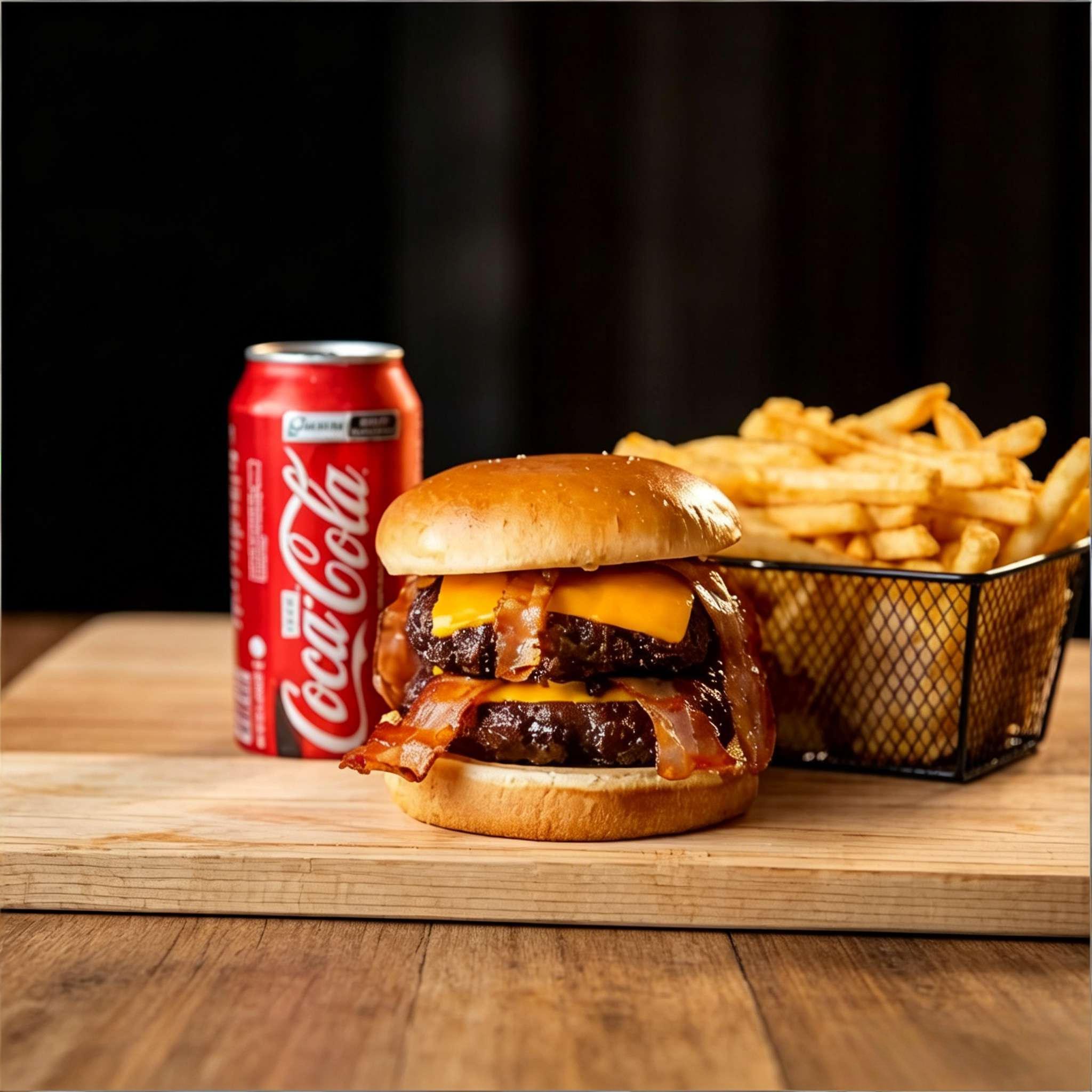 1 Rb Duplo Burger + 1 batata individual + 1 refrigerante lata ou suco lata.