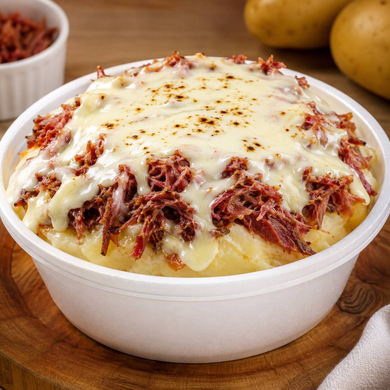 Batata amassada com requeijão cremoso e um deliciosa carne seca artesanal e muito queijo derretido e para finaliza uma batata palha crocante.
360g