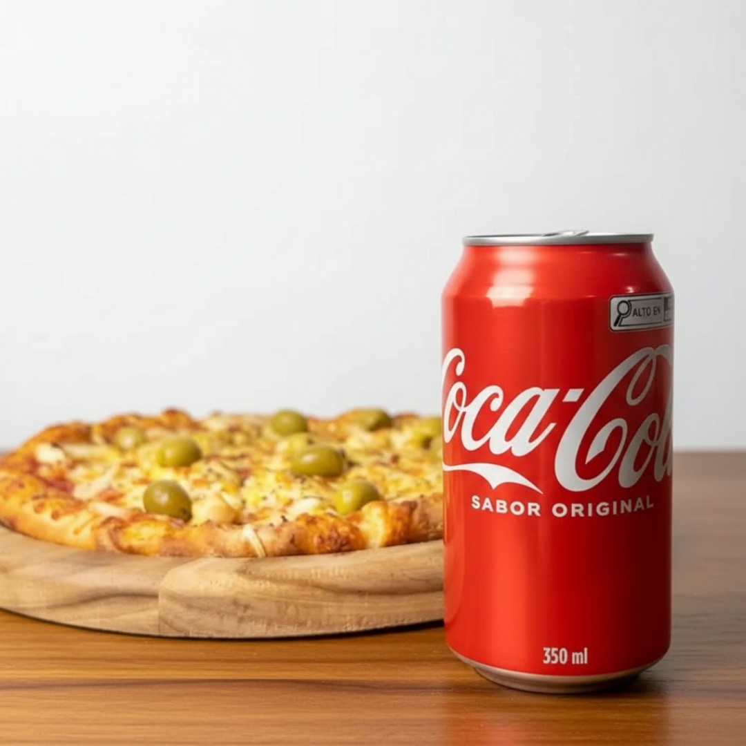 pizza Broto individual (4 Fatias) Mussarela c/ Tomate, azeitonas e orégano+ Cola lata 350ml