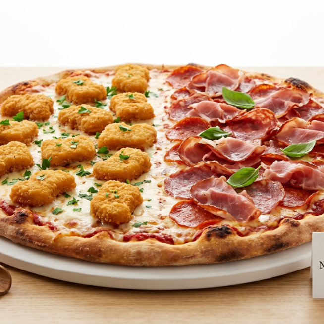 Pizza Jumbo Mitad Nuggets Mitad Carnes Frias