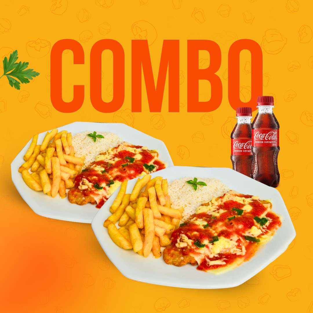 2 deliciosas parmegianas de frango ao molho sugo com queijo mussarela, acompanha arroz, fritas e coca cola 200ml (ambas em marmitex executiva)