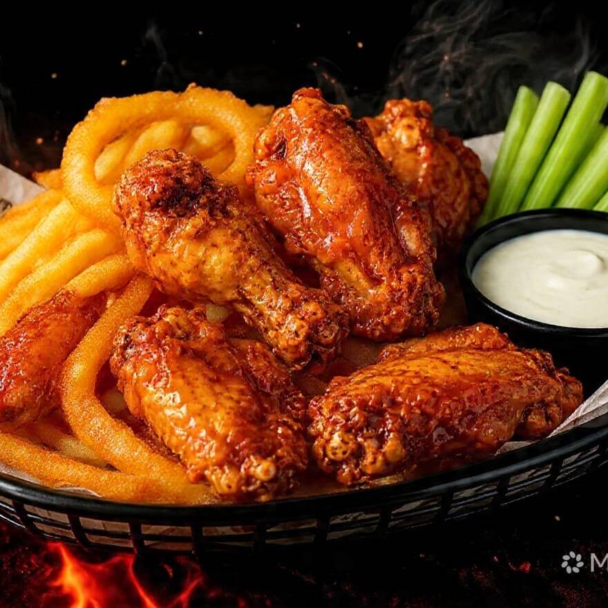 Combo Alitas, Papas y Aros de Cebolla (8 Alitas)