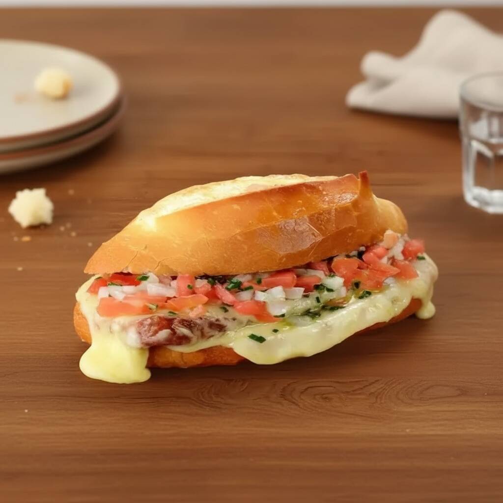 Delicioso 'Lanche de Churrasco', uma estrela da nossa categoria 'Hambúrgueres e Lanches'. Este lanche é cuidadosamente preparado com um suculento e saboroso churrasco, complementado pela textura cremosa de um queijo de qualidade superior. Para finalizar, é acrescentado um vinagrete fresco e levemente picante, que equilibra perfeitamente o sabor intenso do churrasco e o queijo. O resultado é um lan